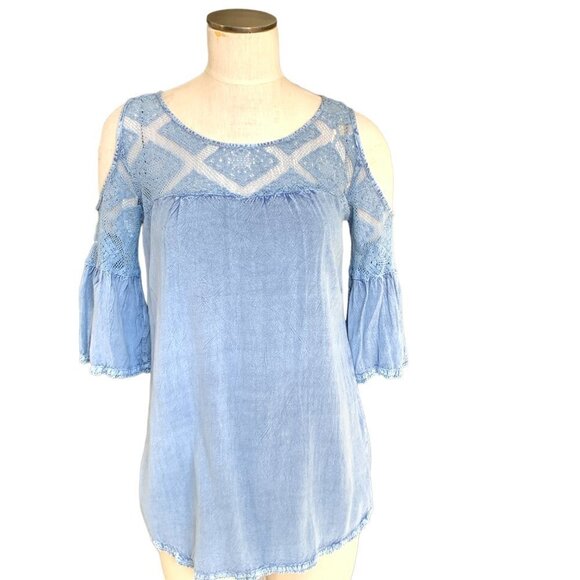 Earthbound Trading Co BOHO Open Shoulder Lace & Chambray Tunic Top S Blue #100J - Picture 2 of 7